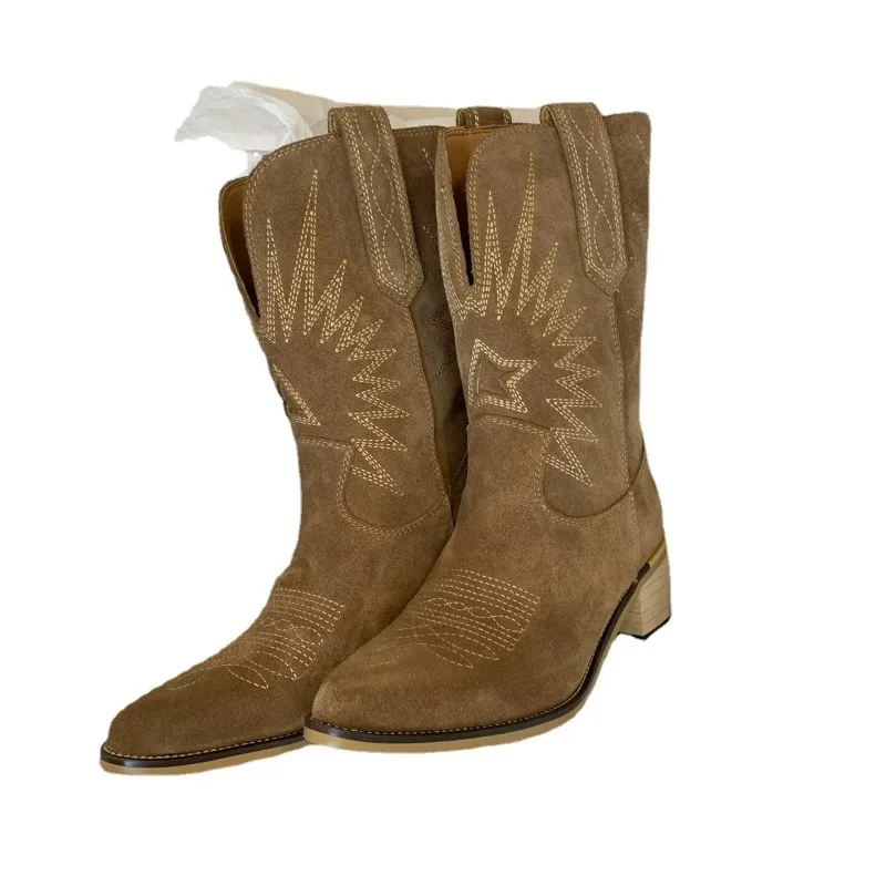 Women's Mid-Calf Knight Boots Pointed Toe Embroidered Thick Heel Autumn New Style Large Size Rubber Outsole PU Leather