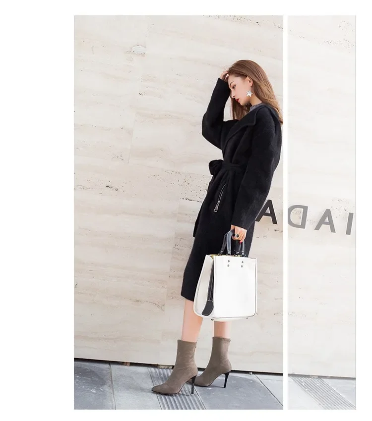 HOT Mid-barrel Boots Elastic Boots Pointed Toe Thin Heels for Women Black Ankle Stretch Fabric Winter High Heel Boots Rome