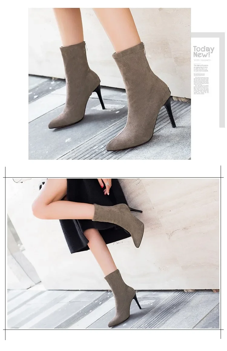 HOT Mid-barrel Boots Elastic Boots Pointed Toe Thin Heels for Women Black Ankle Stretch Fabric Winter High Heel Boots Rome