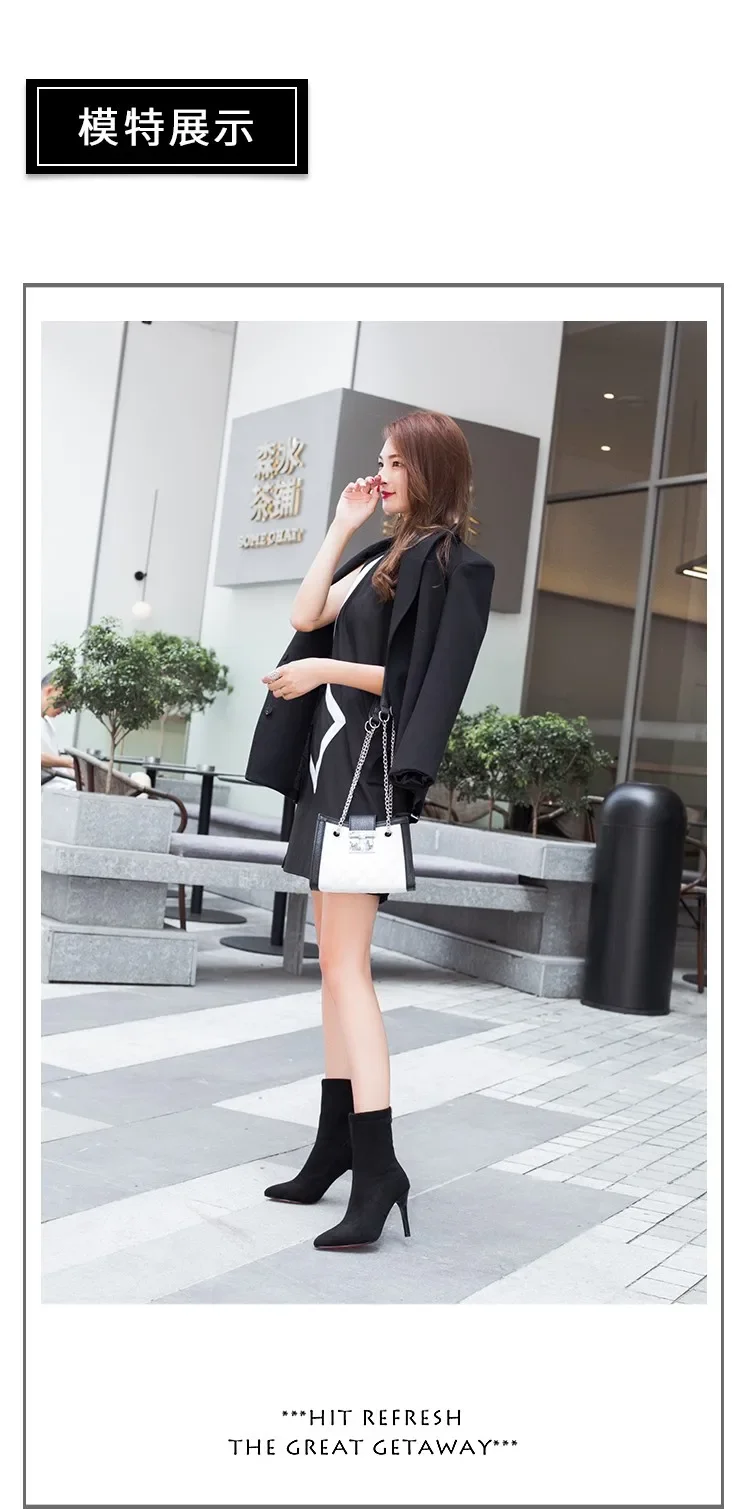 HOT Mid-barrel Boots Elastic Boots Pointed Toe Thin Heels for Women Black Ankle Stretch Fabric Winter High Heel Boots Rome