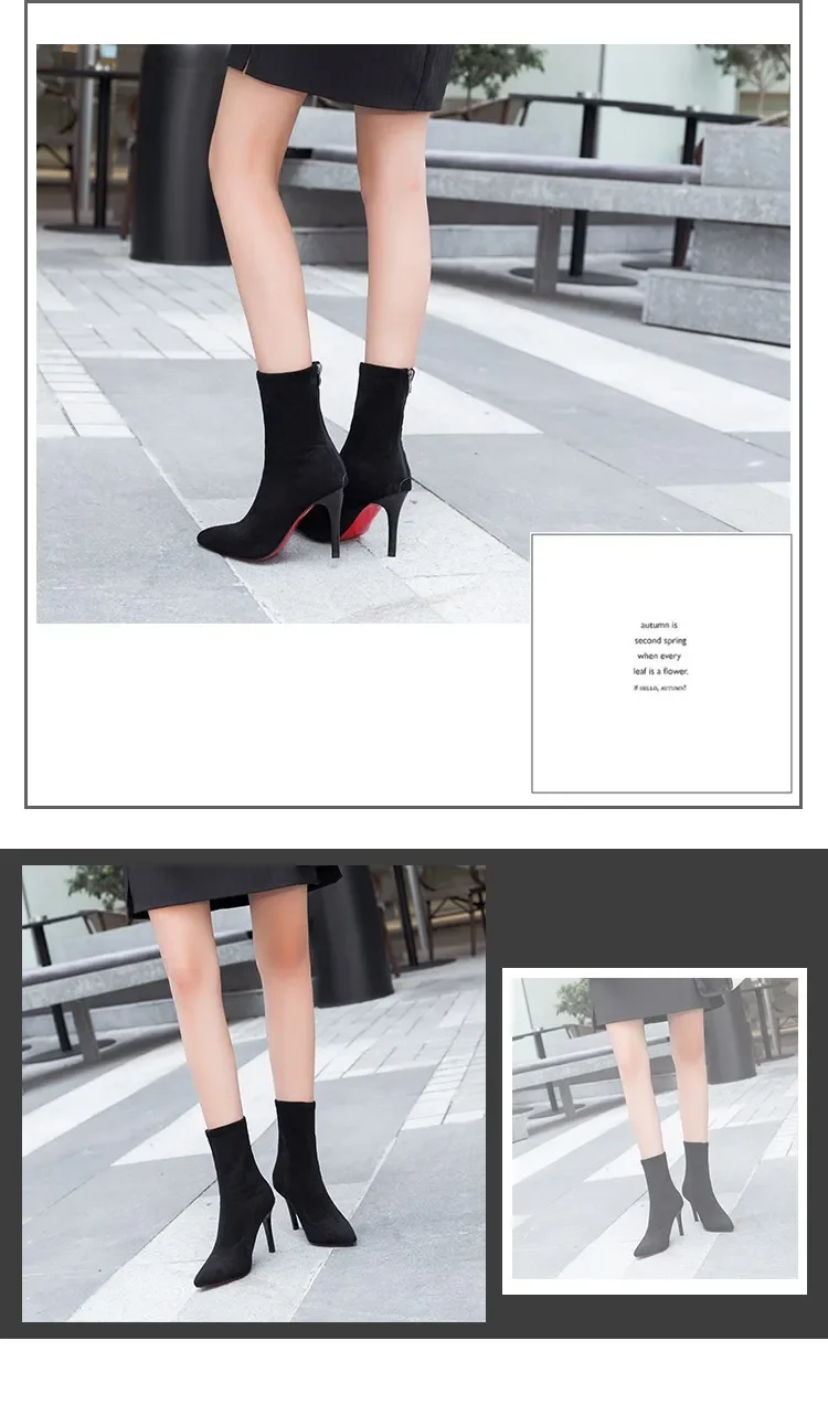 HOT Mid-barrel Boots Elastic Boots Pointed Toe Thin Heels for Women Black Ankle Stretch Fabric Winter High Heel Boots Rome