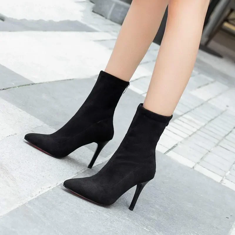 HOT Mid-barrel Boots Elastic Boots Pointed Toe Thin Heels for Women Black Ankle Stretch Fabric Winter High Heel Boots Rome HOT Mid-barrel Boots Elastic Boots Pointed Toe Thin Heels for Women Black Ankle Stretch Fabric Winter High Heel Boots Rome