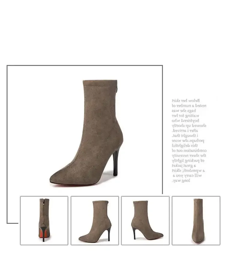 HOT Mid-barrel Boots Elastic Boots Pointed Toe Thin Heels for Women Black Ankle Stretch Fabric Winter High Heel Boots Rome