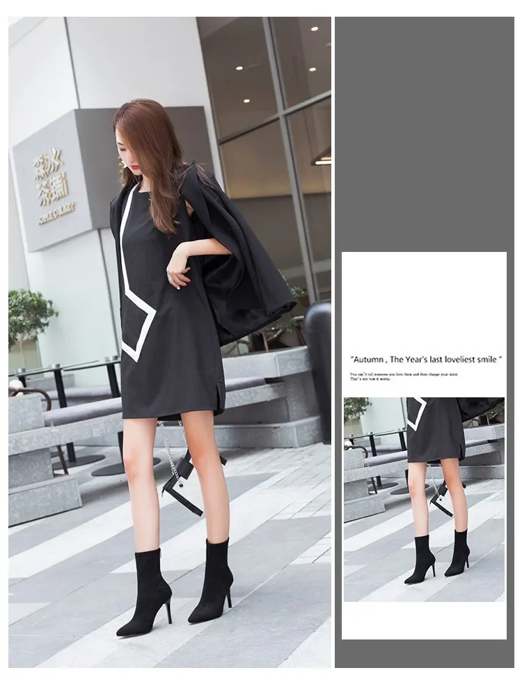 HOT Mid-barrel Boots Elastic Boots Pointed Toe Thin Heels for Women Black Ankle Stretch Fabric Winter High Heel Boots Rome