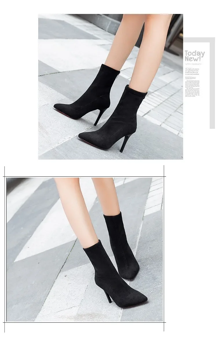 HOT Mid-barrel Boots Elastic Boots Pointed Toe Thin Heels for Women Black Ankle Stretch Fabric Winter High Heel Boots Rome