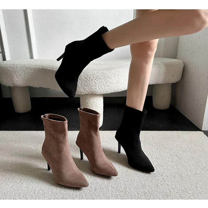 HOT Mid-barrel Boots Elastic Boots Pointed Toe Thin Heels for Women Black Ankle Stretch Fabric Winter High Heel Boots Rome HOT Mid-barrel Boots Elastic Boots Pointed Toe Thin Heels for Women Black Ankle Stretch Fabric Winter High Heel Boots Rome