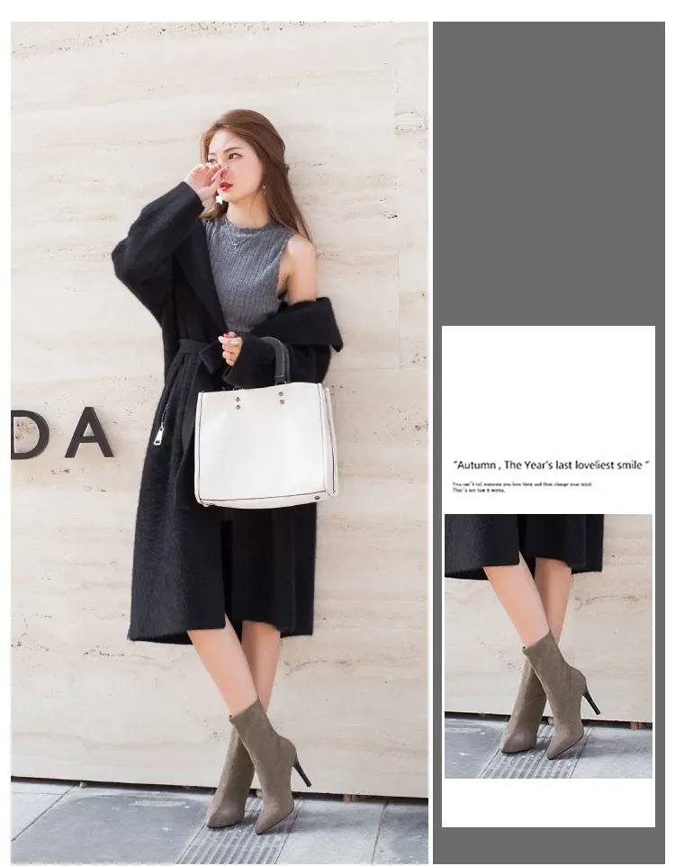 HOT Mid-barrel Boots Elastic Boots Pointed Toe Thin Heels for Women Black Ankle Stretch Fabric Winter High Heel Boots Rome