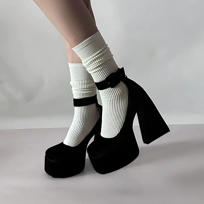 Ankle Strap Super High Heels Pumps Women Back Flock Chunky Platform Mary Janes Woman Square Toe Thick Heels Party Shoes Female