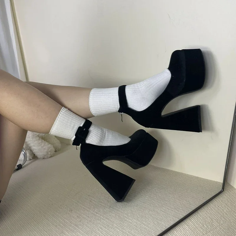 Ankle Strap Super High Heels Pumps Women Back Flock Chunky Platform Mary Janes Woman Square Toe Thick Heels Party Shoes Female