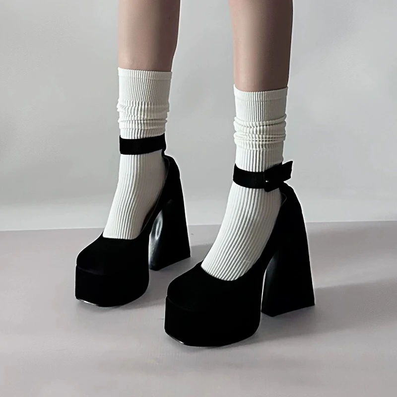Ankle Strap Super High Heels Pumps Women Back Flock Chunky Platform Mary Janes Woman Square Toe Thick Heels Party Shoes Female Ankle Strap Super High Heels Pumps Women Back Flock Chunky Platform Mary Janes Woman Square Toe Thick Heels Party Shoes Female
