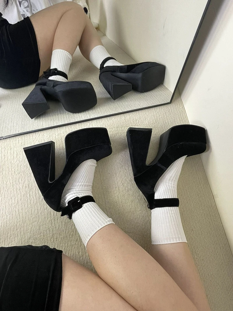 Ankle Strap Super High Heels Pumps Women Back Flock Chunky Platform Mary Janes Woman Square Toe Thick Heels Party Shoes Female Ankle Strap Super High Heels Pumps Women Back Flock Chunky Platform Mary Janes Woman Square Toe Thick Heels Party Shoes Female