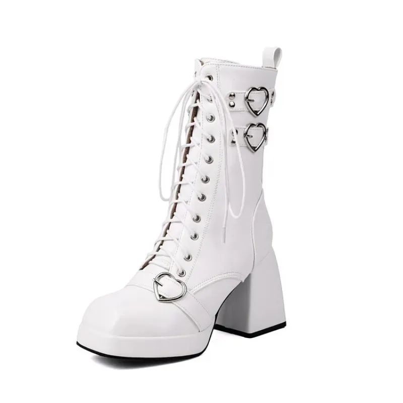 9cm Square Heel Waterproof Platform Short Boots Heart-shaped Metal Buckle Rivets Leather Short Plush Winter Ankle Boots 35-45