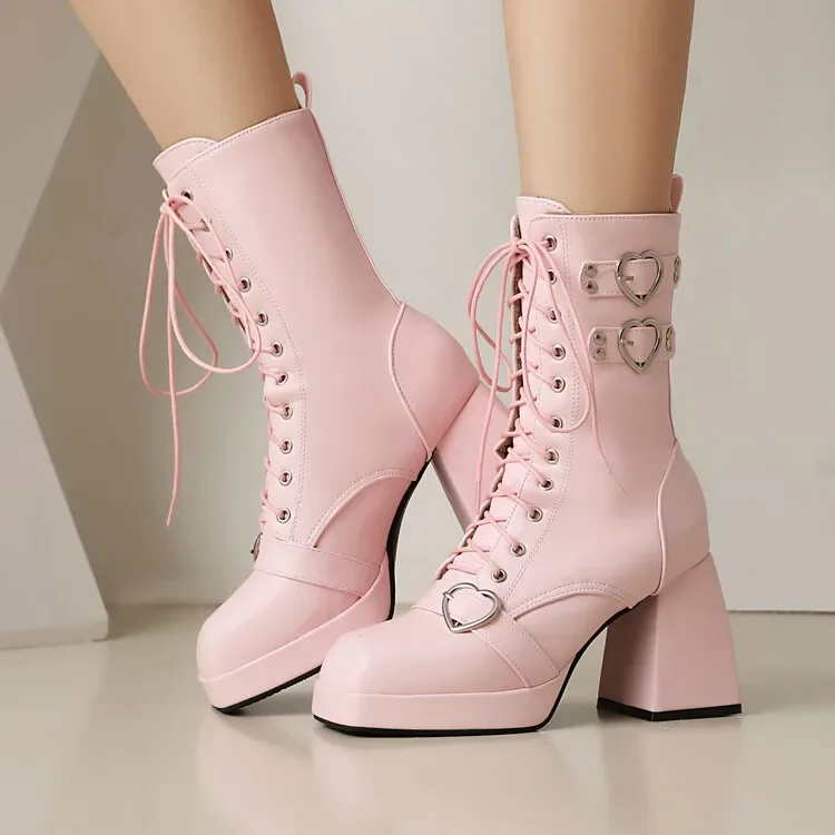 9cm Square Heel Waterproof Platform Short Boots Heart-shaped Metal Buckle Rivets Leather Short Plush Winter Ankle Boots 35-45 9cm Square Heel Waterproof Platform Short Boots Heart-shaped Metal Buckle Rivets Leather Short Plush Winter Ankle Boots 35-45