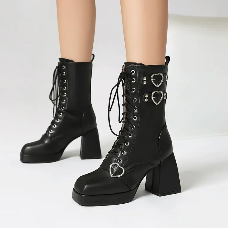 9cm Square Heel Waterproof Platform Short Boots Heart-shaped Metal Buckle Rivets Leather Short Plush Winter Ankle Boots 35-45 9cm Square Heel Waterproof Platform Short Boots Heart-shaped Metal Buckle Rivets Leather Short Plush Winter Ankle Boots 35-45