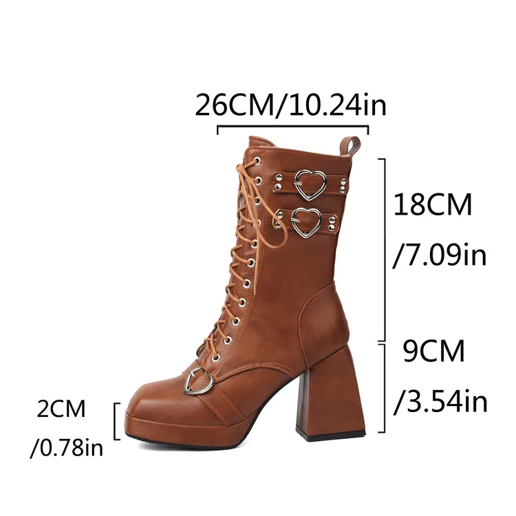 9cm Square Heel Waterproof Platform Short Boots Heart-shaped Metal Buckle Rivets Leather Short Plush Winter Ankle Boots 35-45 9cm Square Heel Waterproof Platform Short Boots Heart-shaped Metal Buckle Rivets Leather Short Plush Winter Ankle Boots 35-45