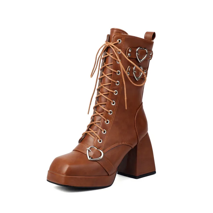 9cm Square Heel Waterproof Platform Short Boots Heart-shaped Metal Buckle Rivets Leather Short Plush Winter Ankle Boots 35-45 9cm Square Heel Waterproof Platform Short Boots Heart-shaped Metal Buckle Rivets Leather Short Plush Winter Ankle Boots 35-45