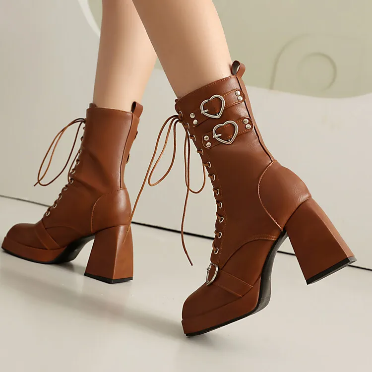 9cm Square Heel Waterproof Platform Short Boots Heart-shaped Metal Buckle Rivets Leather Short Plush Winter Ankle Boots 35-45 9cm Square Heel Waterproof Platform Short Boots Heart-shaped Metal Buckle Rivets Leather Short Plush Winter Ankle Boots 35-45