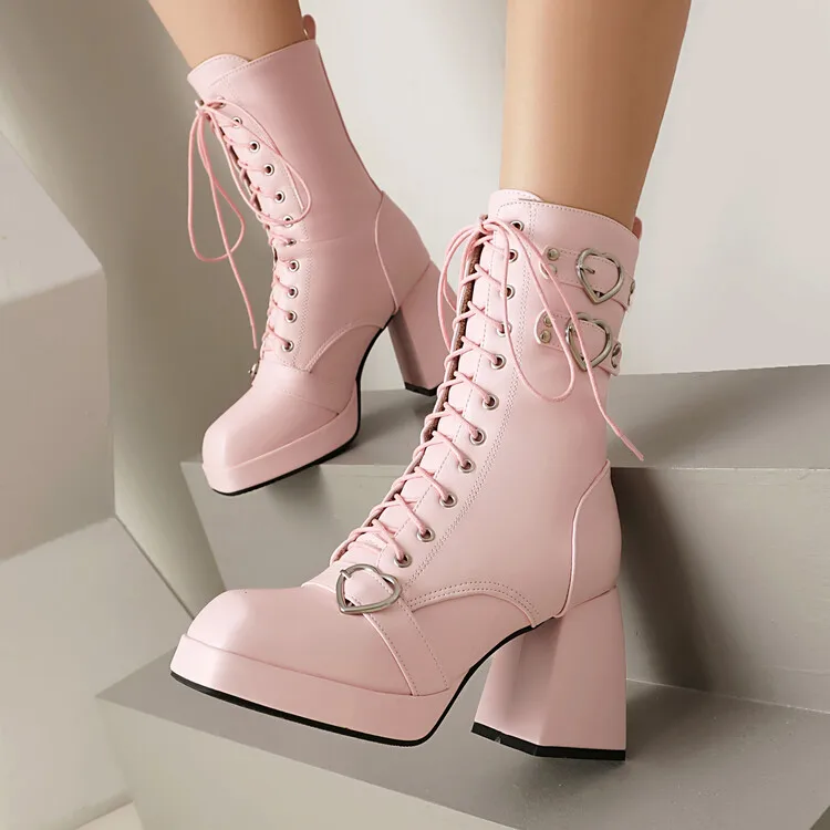 9cm Square Heel Waterproof Platform Short Boots Heart-shaped Metal Buckle Rivets Leather Short Plush Winter Ankle Boots 35-45 9cm Square Heel Waterproof Platform Short Boots Heart-shaped Metal Buckle Rivets Leather Short Plush Winter Ankle Boots 35-45