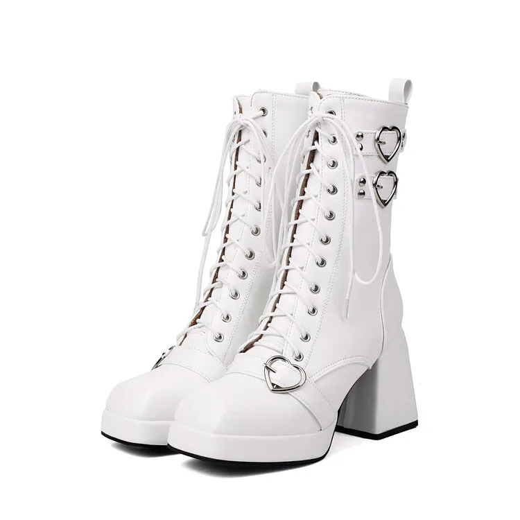 9cm Square Heel Waterproof Platform Short Boots Heart-shaped Metal Buckle Rivets Leather Short Plush Winter Ankle Boots 35-45 9cm Square Heel Waterproof Platform Short Boots Heart-shaped Metal Buckle Rivets Leather Short Plush Winter Ankle Boots 35-45