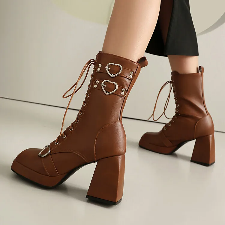 9cm Square Heel Waterproof Platform Short Boots Heart-shaped Metal Buckle Rivets Leather Short Plush Winter Ankle Boots 35-45 9cm Square Heel Waterproof Platform Short Boots Heart-shaped Metal Buckle Rivets Leather Short Plush Winter Ankle Boots 35-45