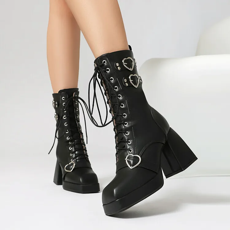 9cm Square Heel Waterproof Platform Short Boots Heart-shaped Metal Buckle Rivets Leather Short Plush Winter Ankle Boots 35-45 9cm Square Heel Waterproof Platform Short Boots Heart-shaped Metal Buckle Rivets Leather Short Plush Winter Ankle Boots 35-45