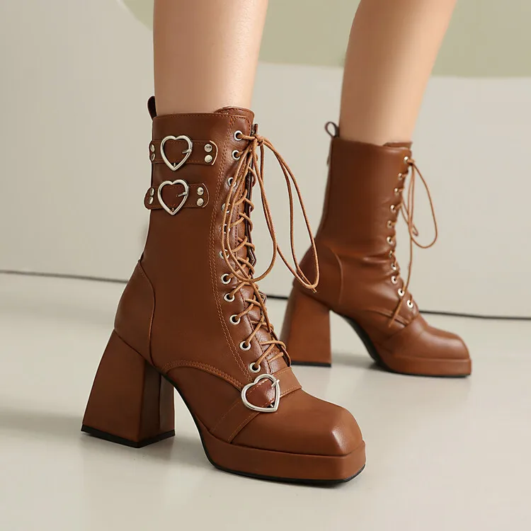 9cm Square Heel Waterproof Platform Short Boots Heart-shaped Metal Buckle Rivets Leather Short Plush Winter Ankle Boots 35-45 9cm Square Heel Waterproof Platform Short Boots Heart-shaped Metal Buckle Rivets Leather Short Plush Winter Ankle Boots 35-45