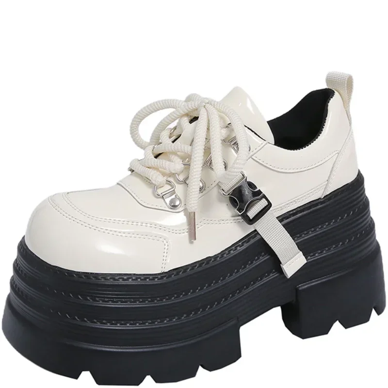 10CM Women Leather Platform Sneakers Spring Ladies Wedge Heels Chunky Shoes Pumps Woman Lace-Up Thick Sole Casual Walking Shoes
