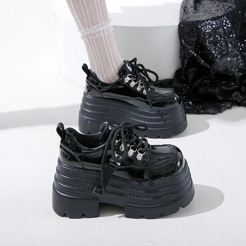10CM Women Leather Platform Sneakers Spring Ladies Wedge Heels Chunky Shoes Pumps Woman Lace-Up Thick Sole Casual Walking Shoes