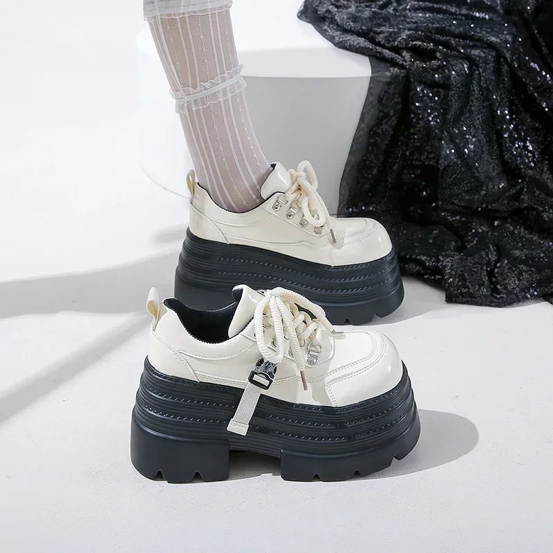 10CM Women Leather Platform Sneakers Spring Ladies Wedge Heels Chunky Shoes Pumps Woman Lace-Up Thick Sole Casual Walking Shoes