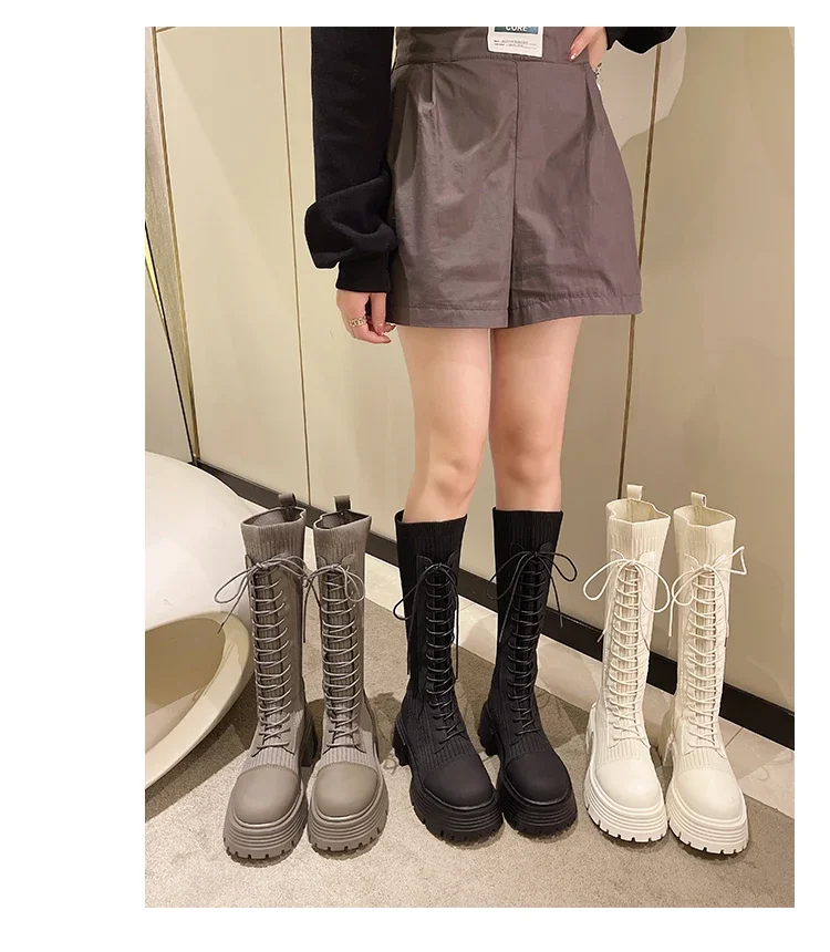 Chunky Platform Knitted Long Boots Women Autumn Thick Bottom Warm Sock Shoes Woman Lace Up Knee High