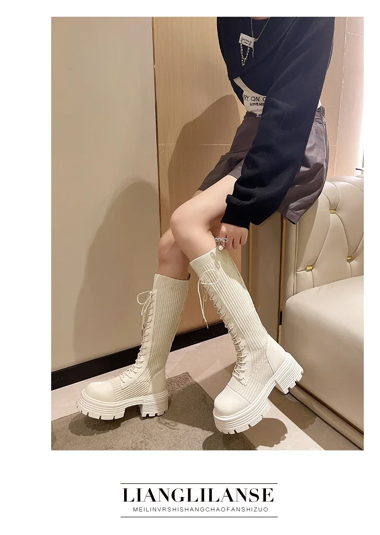 Chunky Platform Knitted Long Boots Women Autumn Thick Bottom Warm Sock Shoes Woman Lace Up Knee High