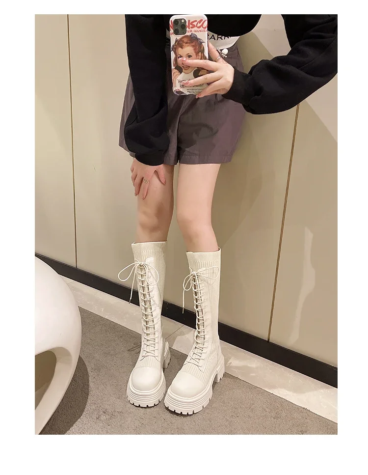 Chunky Platform Knitted Long Boots Women Autumn Thick Bottom Warm Sock Shoes Woman Lace Up Knee High