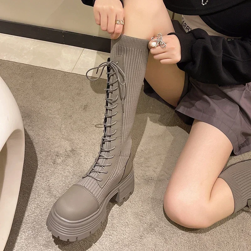 Chunky Platform Knitted Long Boots Women Autumn Thick Bottom Warm Sock Shoes Woman Lace Up Knee High