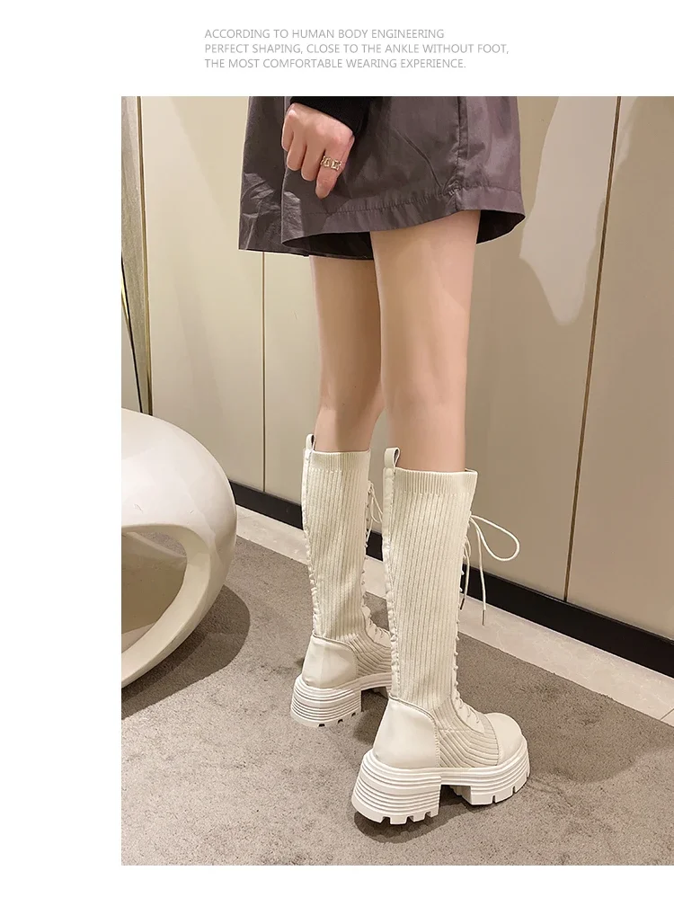 Chunky Platform Knitted Long Boots Women Autumn Thick Bottom Warm Sock Shoes Woman Lace Up Knee High