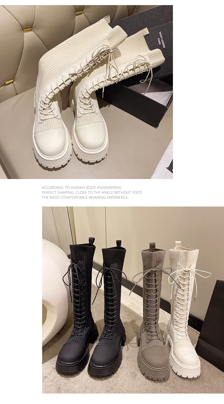 Chunky Platform Knitted Long Boots Women Autumn Thick Bottom Warm Sock Shoes Woman Lace Up Knee High