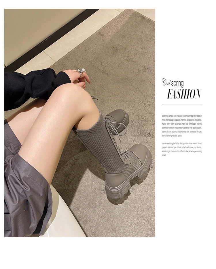 Chunky Platform Knitted Long Boots Women Autumn Thick Bottom Warm Sock Shoes Woman Lace Up Knee High