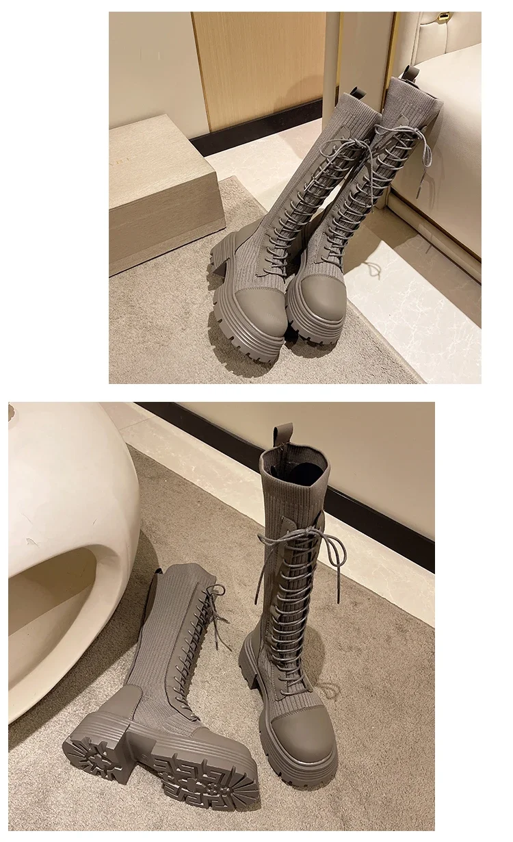 Chunky Platform Knitted Long Boots Women Autumn Thick Bottom Warm Sock Shoes Woman Lace Up Knee High