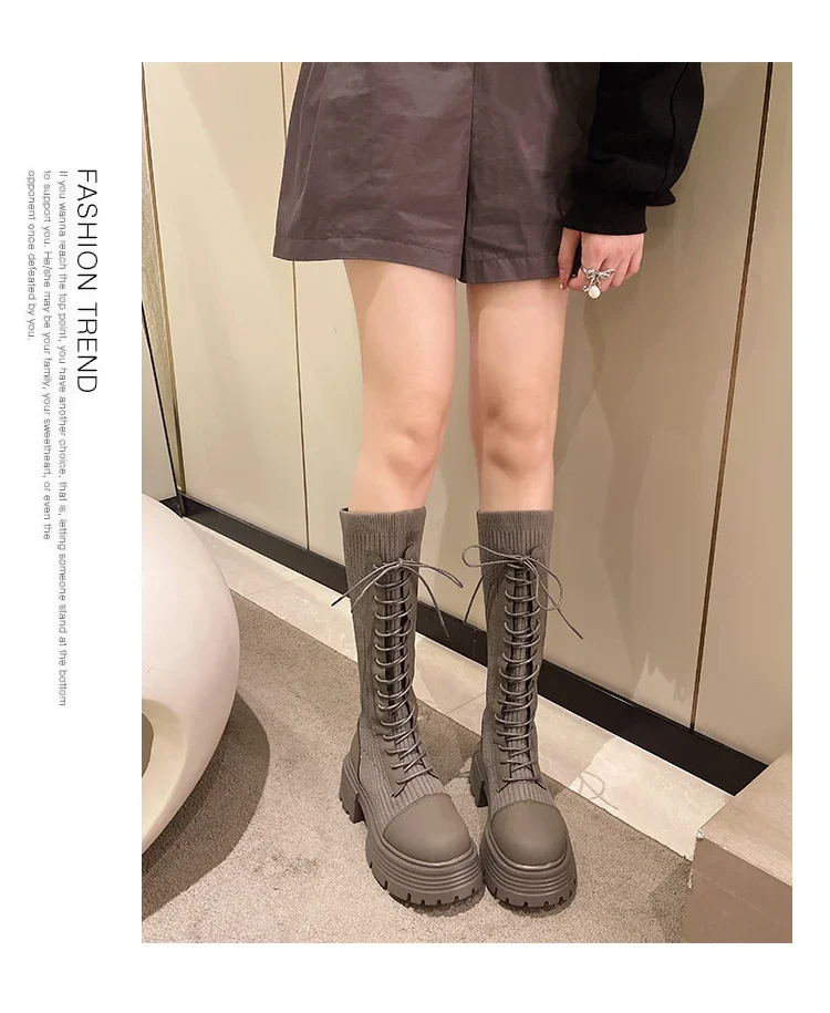 Chunky Platform Knitted Long Boots Women Autumn Thick Bottom Warm Sock Shoes Woman Lace Up Knee High