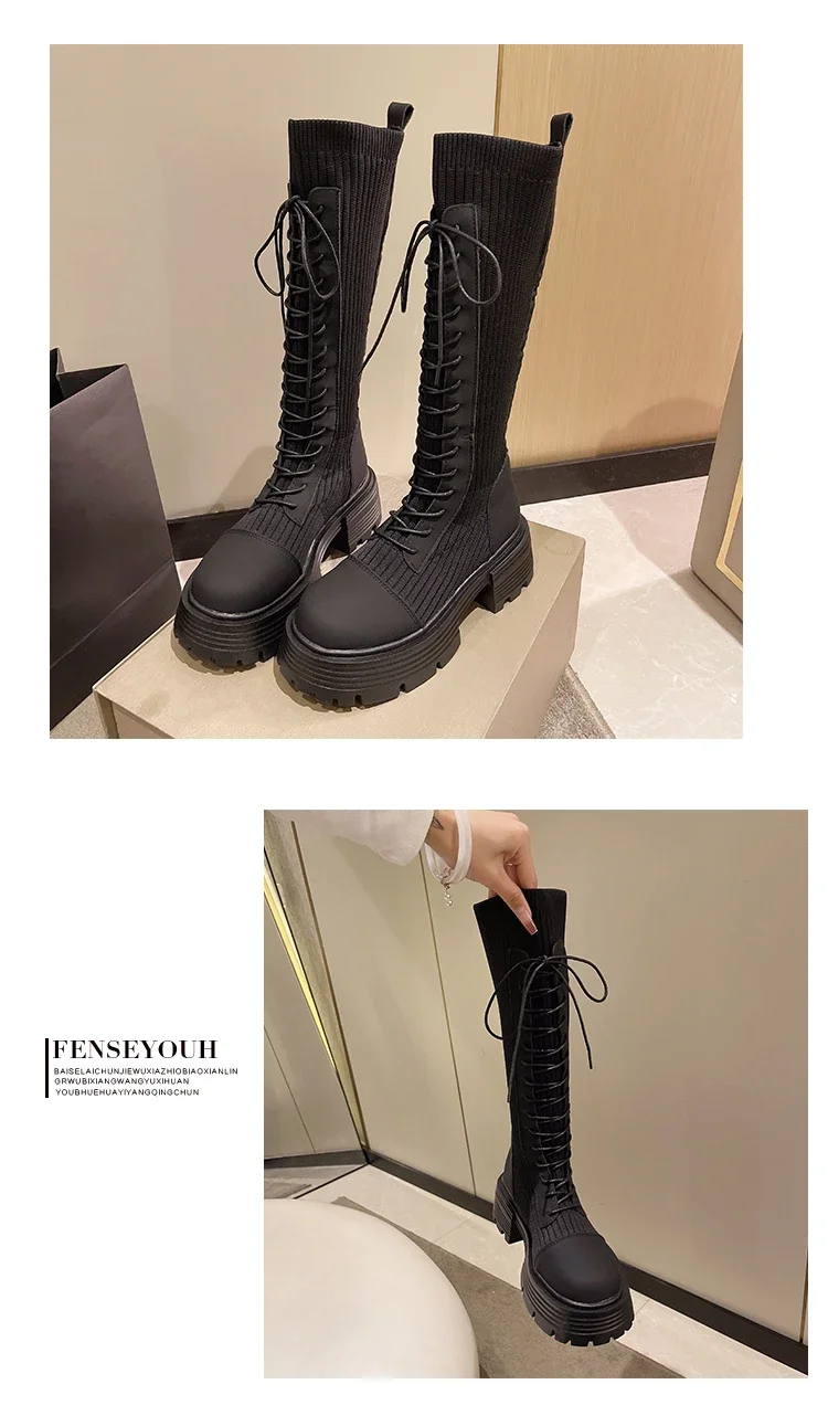 Chunky Platform Knitted Long Boots Women Autumn Thick Bottom Warm Sock Shoes Woman Lace Up Knee High