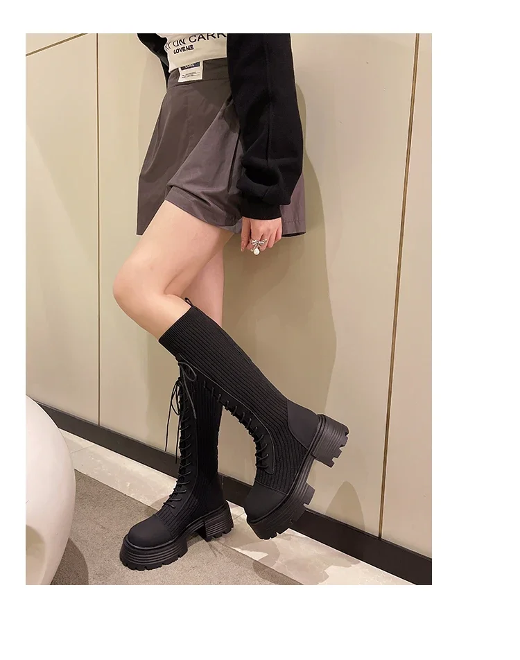 Chunky Platform Knitted Long Boots Women Autumn Thick Bottom Warm Sock Shoes Woman Lace Up Knee High