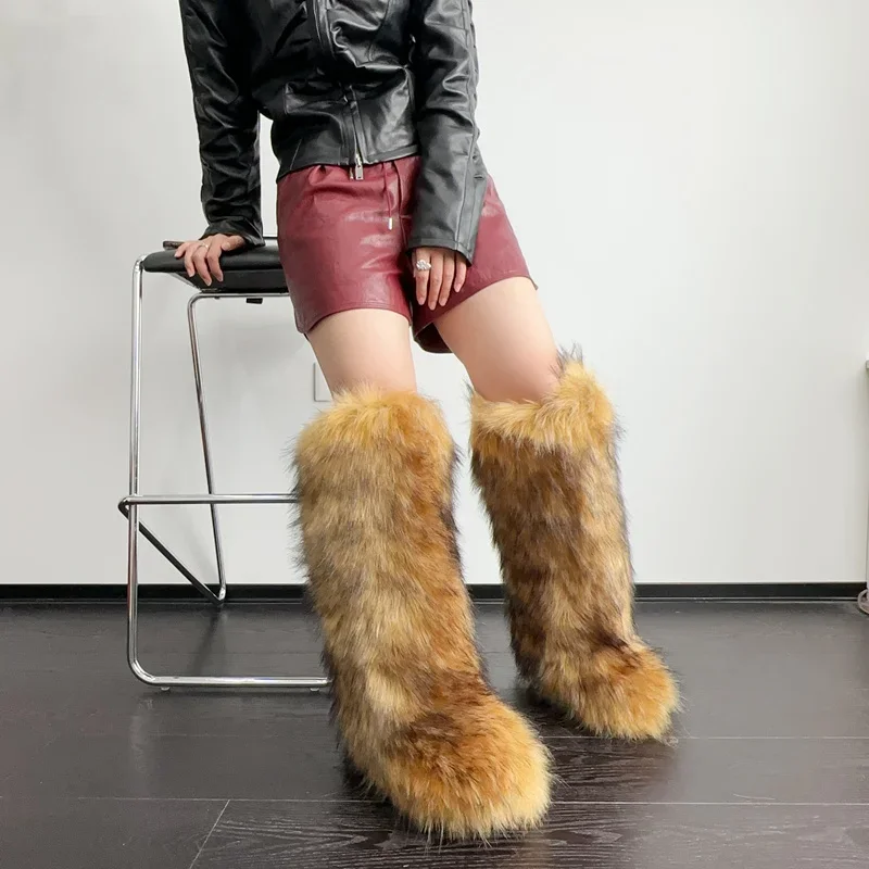 Womens Knee High Fuzzy Faux Fur Boots Soft, Warm, and Comfortable Slip-on Design Furry Boots for Fall Winter