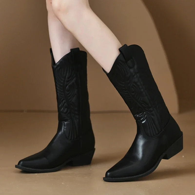 Black Chunky Heel Mid Calf Riding Boots for Women 2023 Winter Female Shoes Women's Pionted Toe Boots Fashion Ladies Cowboy Boots