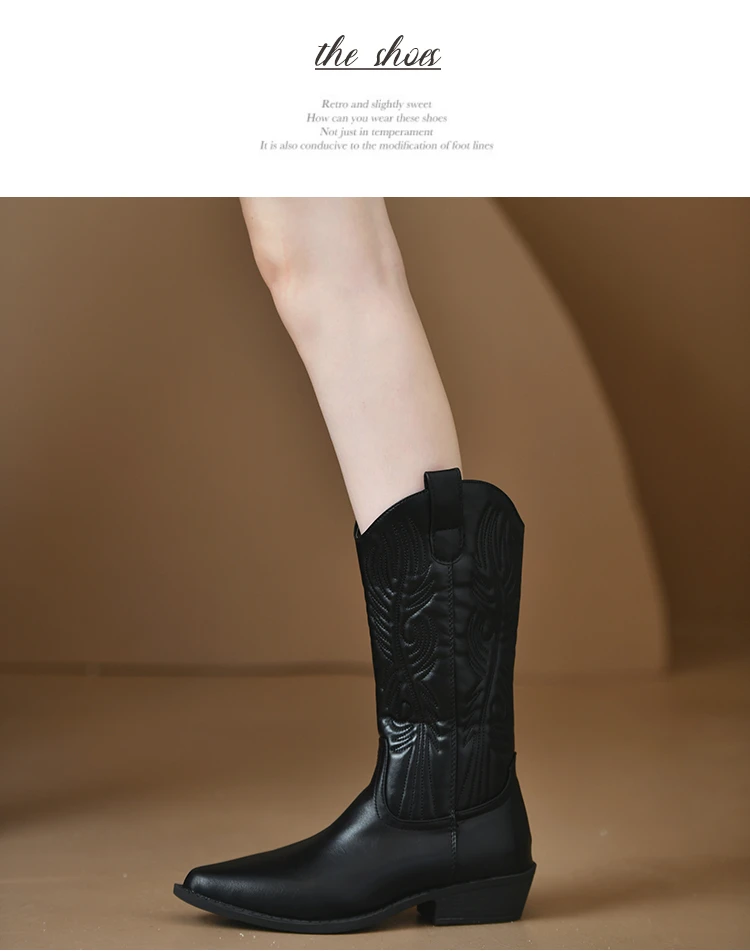 Black Chunky Heel Mid Calf Riding Boots for Women 2023 Winter Female Shoes Women's Pionted Toe Boots Fashion Ladies Cowboy Boots