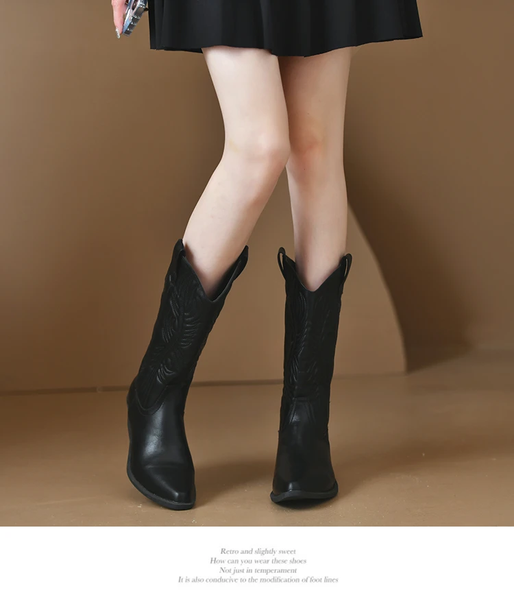 Black Chunky Heel Mid Calf Riding Boots for Women 2023 Winter Female Shoes Women's Pionted Toe Boots Fashion Ladies Cowboy Boots