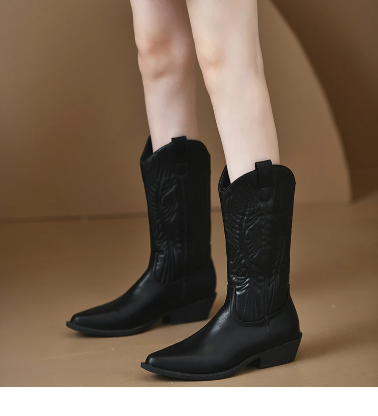 Black Chunky Heel Mid Calf Riding Boots for Women 2023 Winter Female Shoes Women's Pionted Toe Boots Fashion Ladies Cowboy Boots