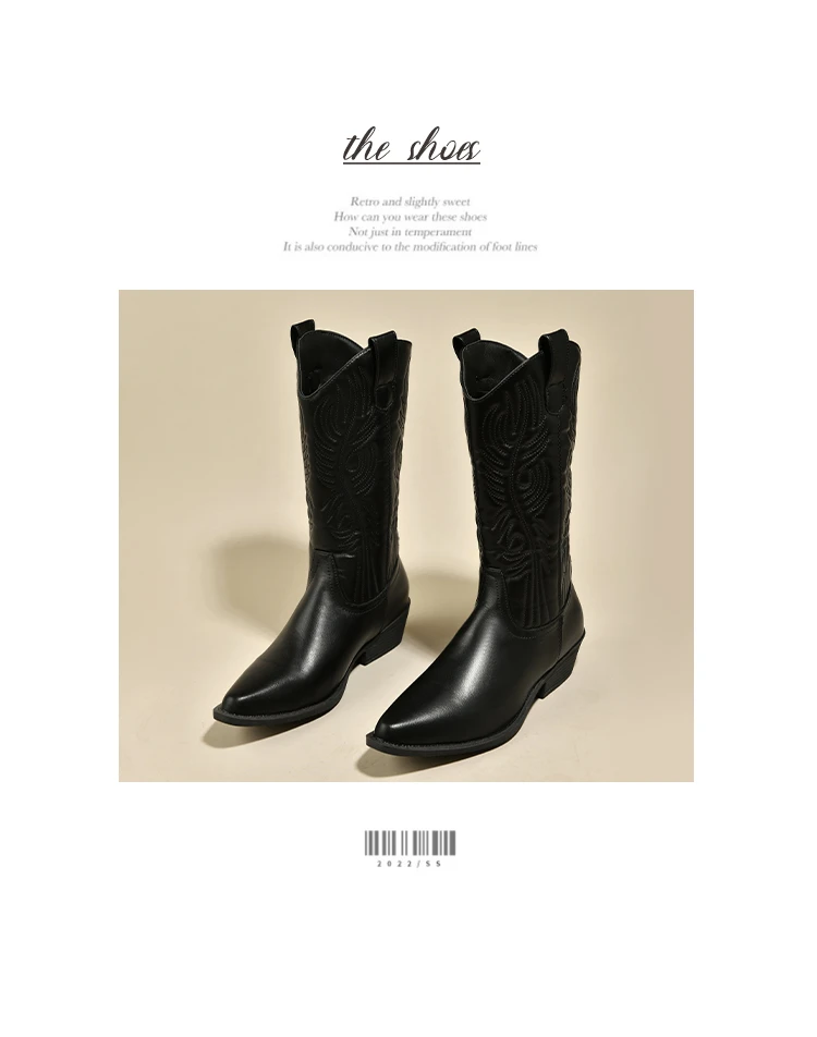 Black Chunky Heel Mid Calf Riding Boots for Women 2023 Winter Female Shoes Women's Pionted Toe Boots Fashion Ladies Cowboy Boots