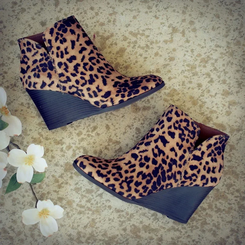 Pointed Toe Booties Winter Women Leopard Ankle Boots Footwear Platform High Heels Wedges Shoes Woman Bota Feminina Botte Femme