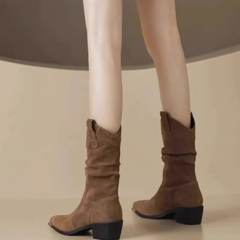 Autumn Winter Classic Chelsea Boots for Woman Suede Pointy Toe Wedge Heel Ankle Boots Simple Comfortable Cowboy Botas Female