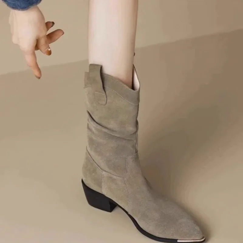 Autumn Winter Classic Chelsea Boots for Woman Suede Pointy Toe Wedge Heel Ankle Boots Simple Comfortable Cowboy Botas Female