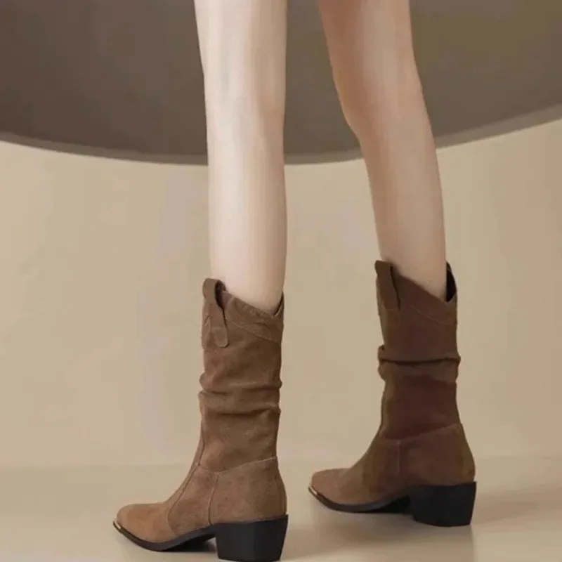 Autumn Winter Classic Chelsea Boots for Woman Suede Pointy Toe Wedge Heel Ankle Boots Simple Comfortable Cowboy Botas Female